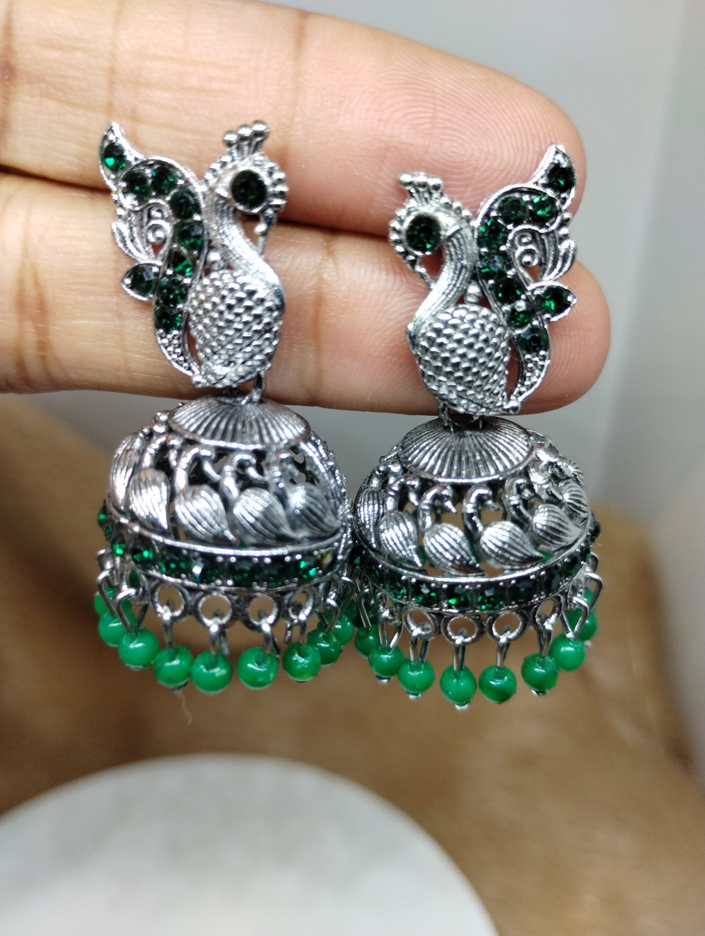 Peacock Grace Oxidised Jhumka Earrings