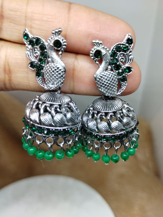 Peacock Grace Oxidised Jhumka Earrings
