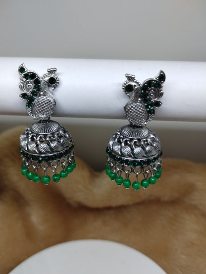 Peacock Grace Oxidised Jhumka Earrings