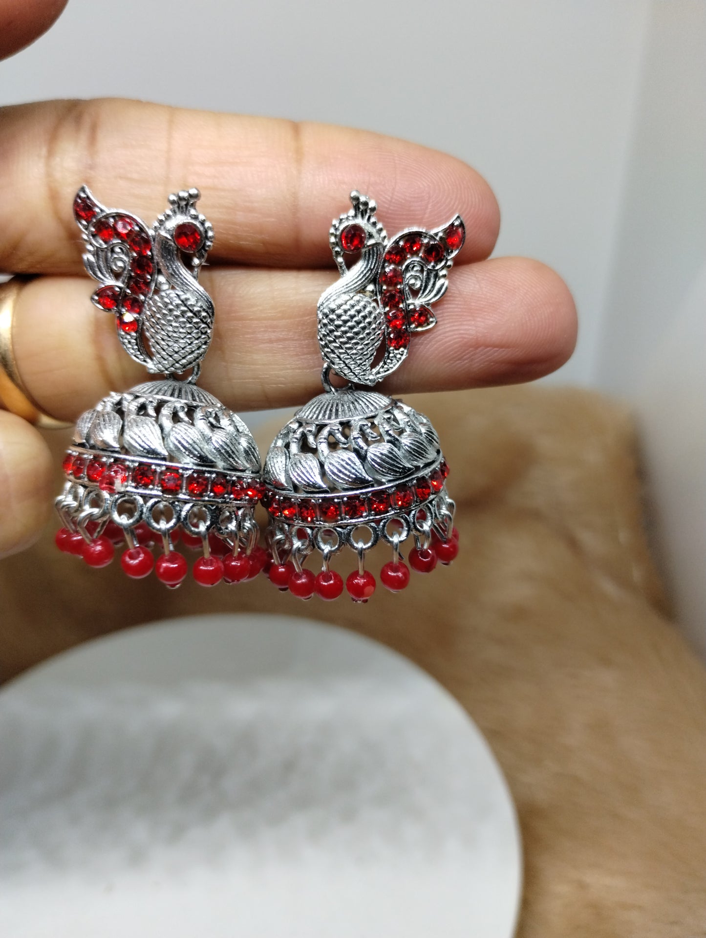 Peacock Grace Oxidised Jhumka Earrings