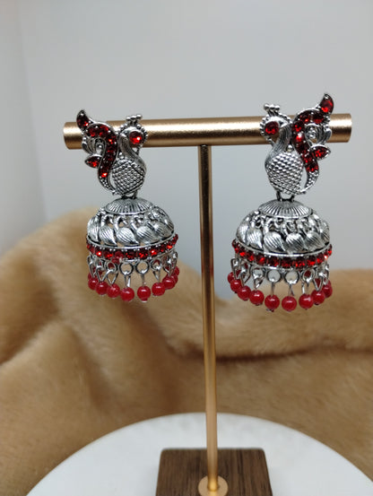 Peacock Grace Oxidised Jhumka Earrings
