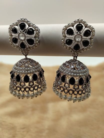 Floral Oxidised Stone Jhumka Earrings with Pearl Drops