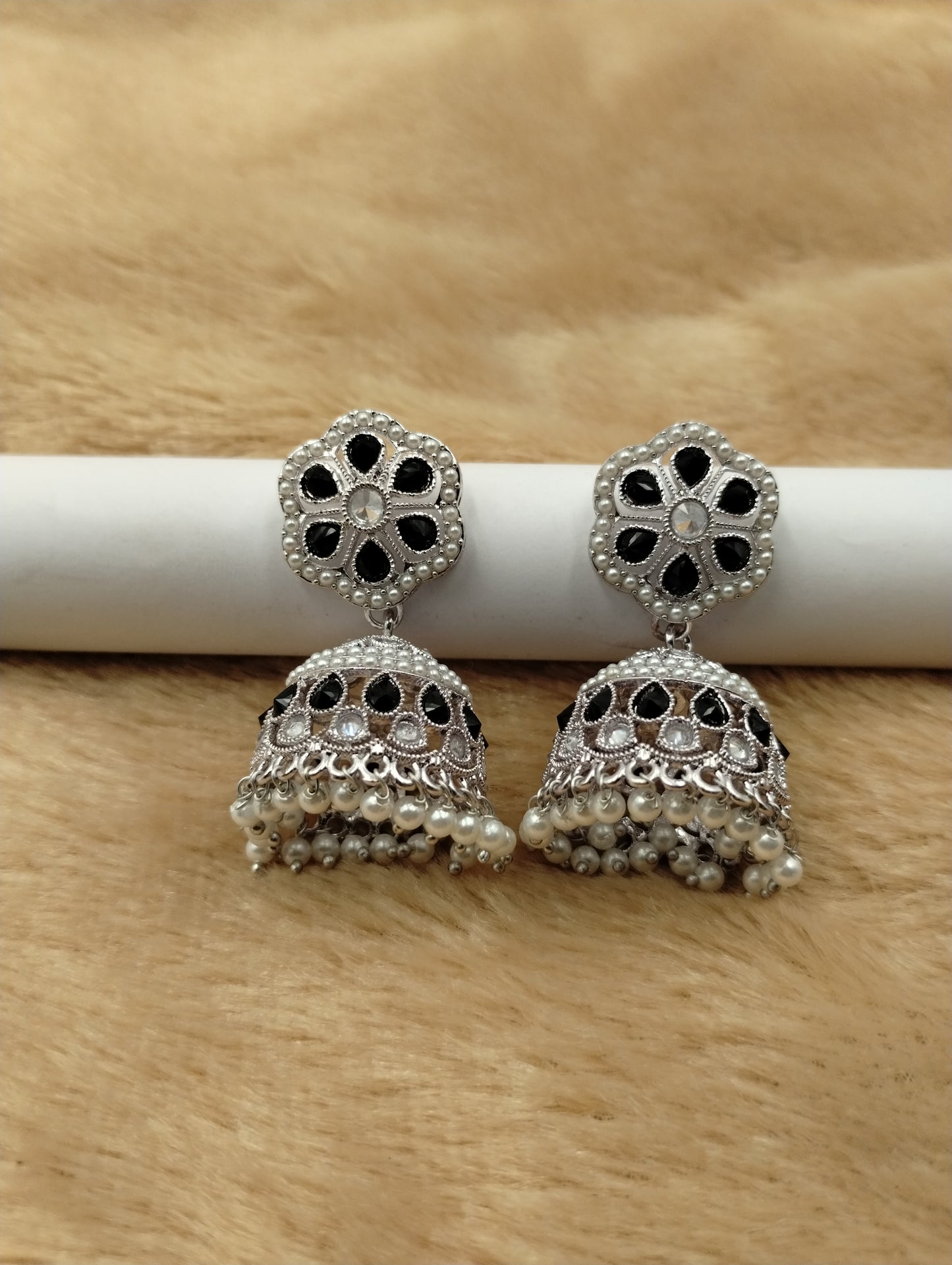 Floral Oxidised Stone Jhumka Earrings with Pearl Drops