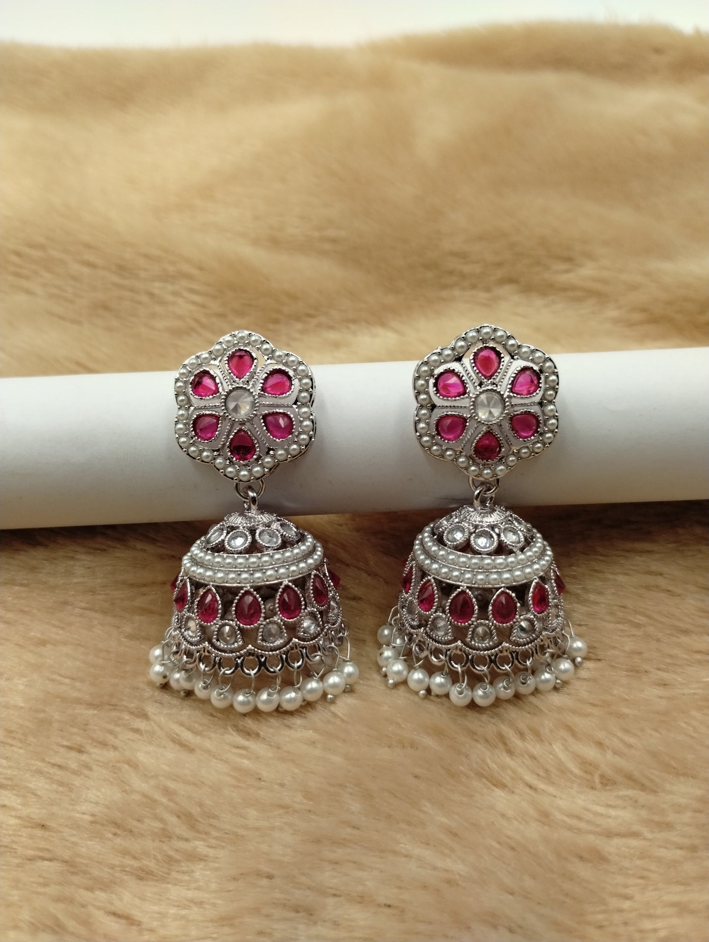 Floral Oxidised Stone Jhumka Earrings with Pearl Drops