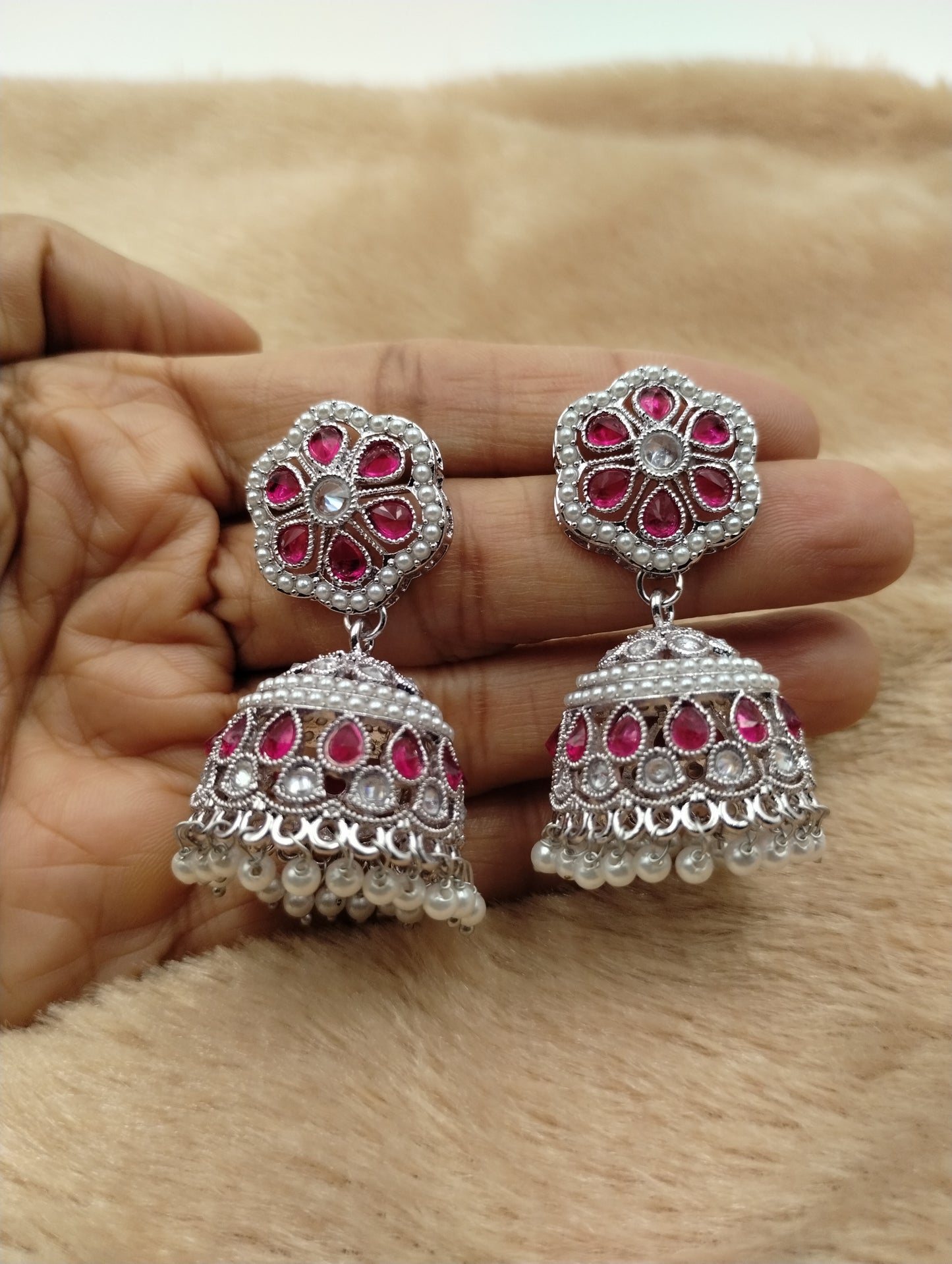 Floral Oxidised Stone Jhumka Earrings with Pearl Drops