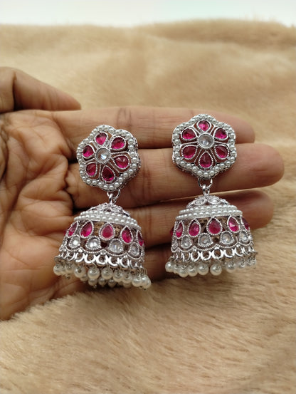 Floral Oxidised Stone Jhumka Earrings with Pearl Drops