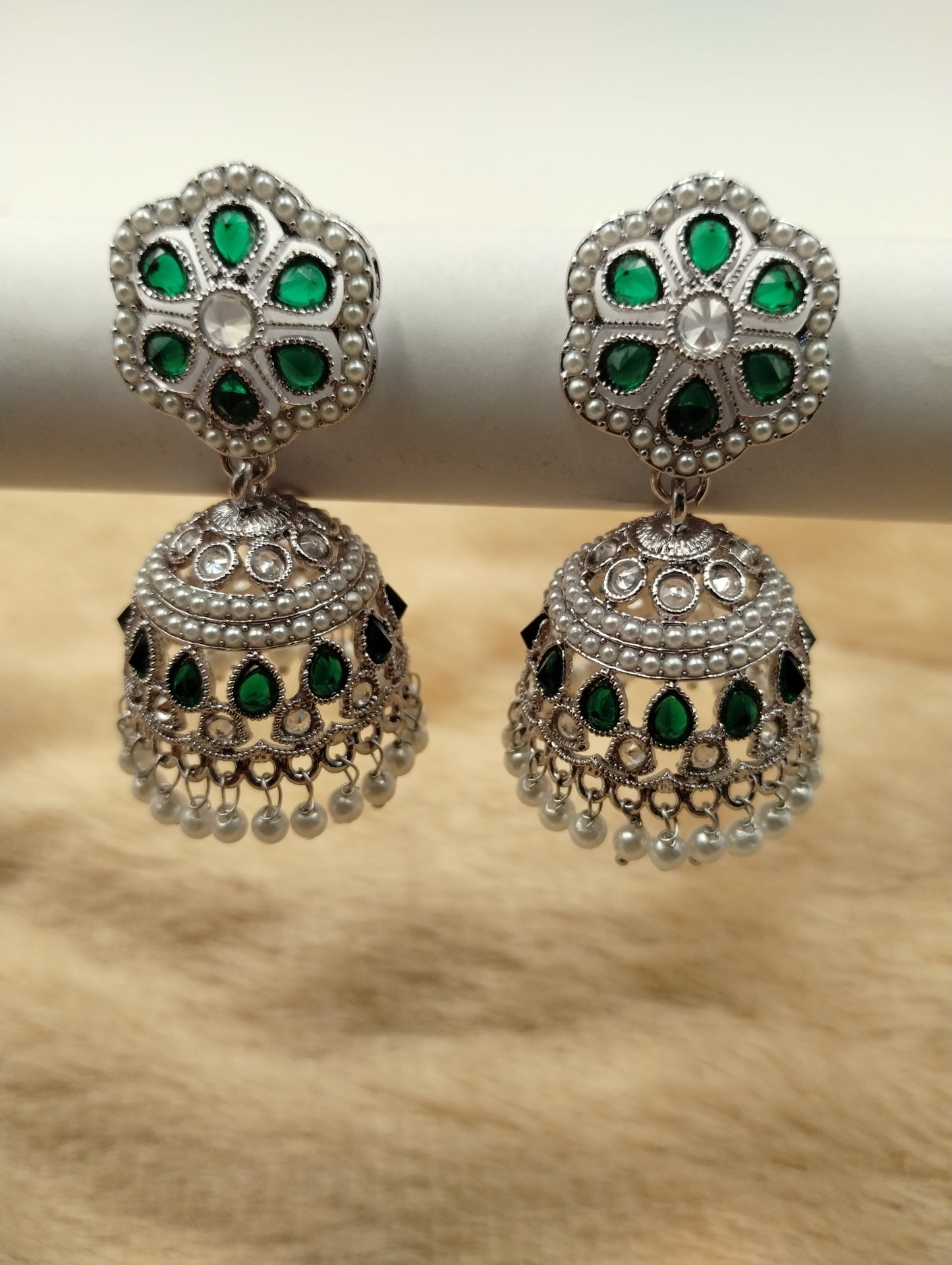 Floral Oxidised Stone Jhumka Earrings with Pearl Drops