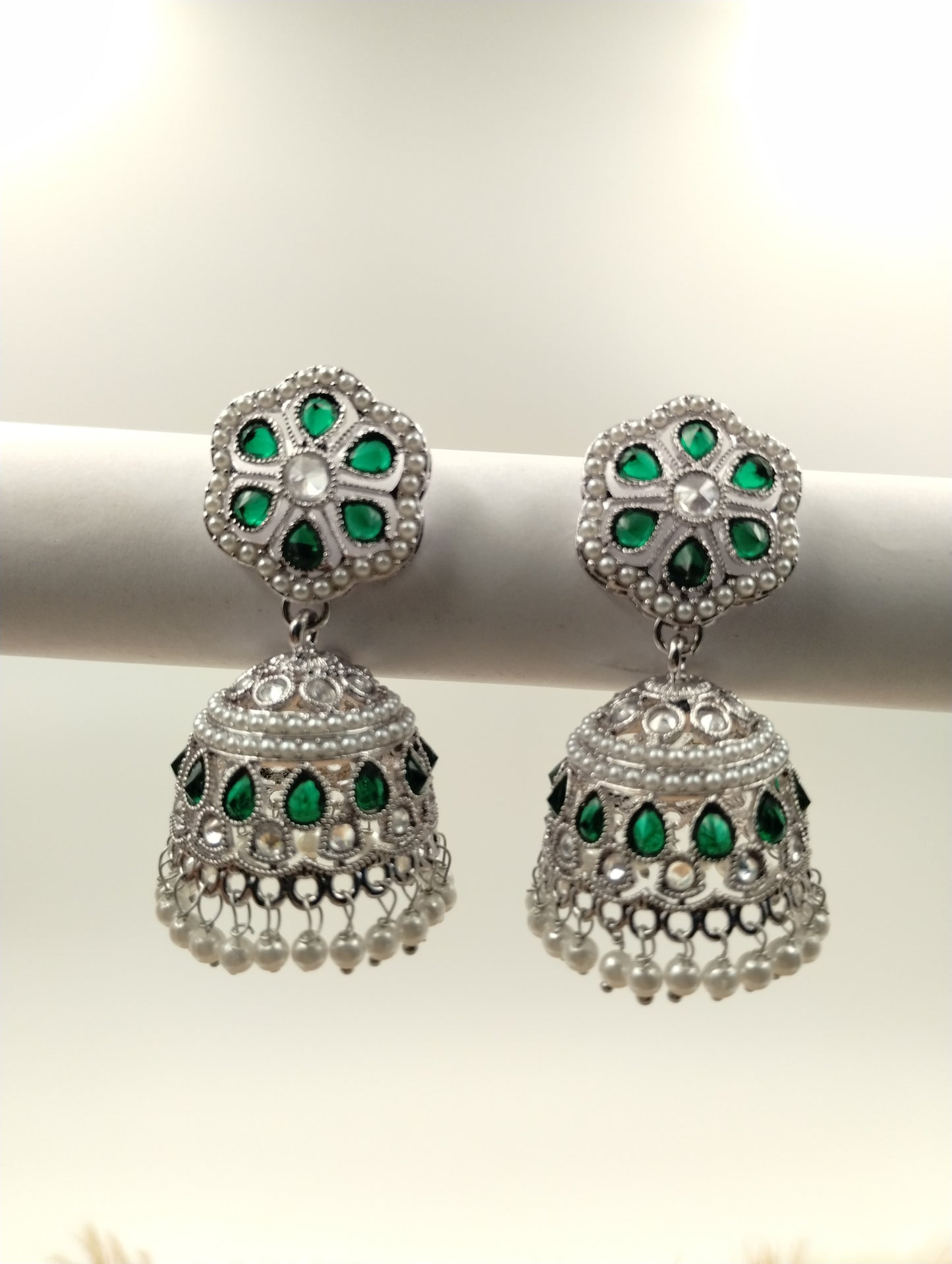 Floral Oxidised Stone Jhumka Earrings with Pearl Drops