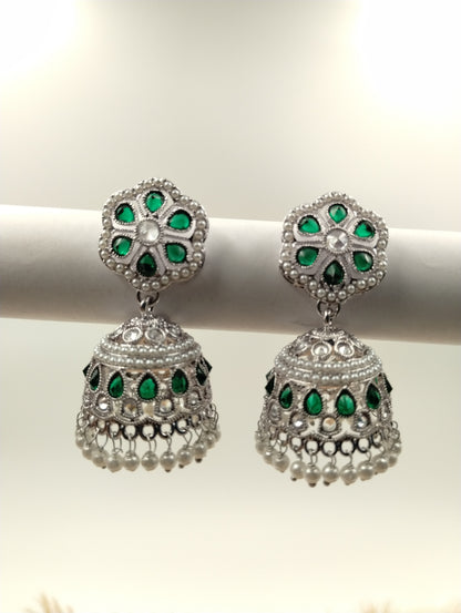 Floral Oxidised Stone Jhumka Earrings with Pearl Drops