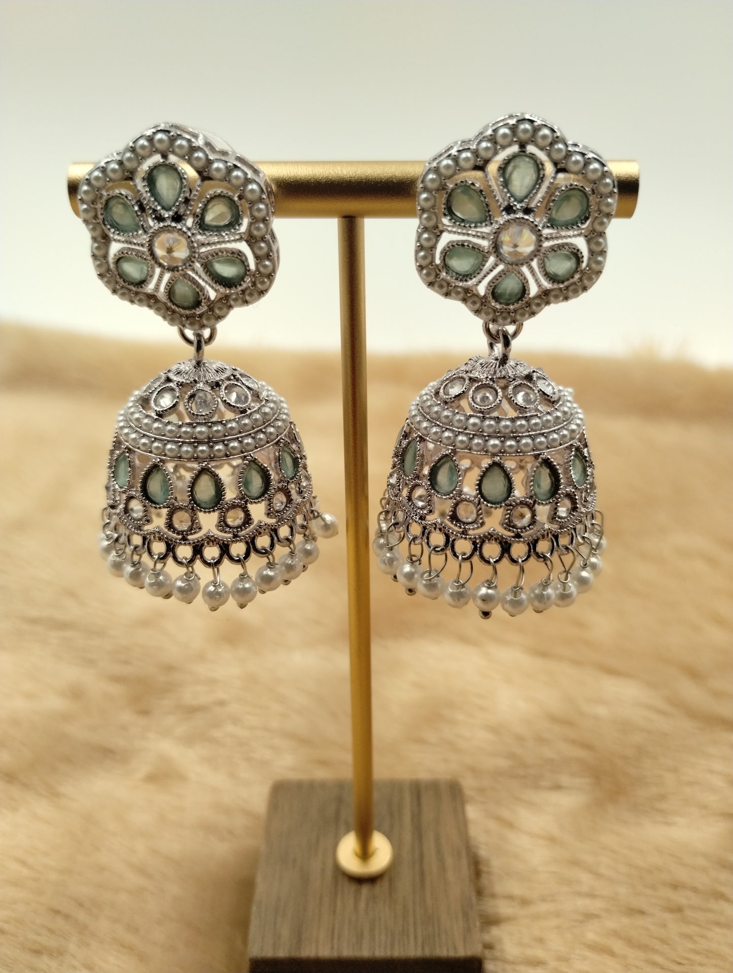 Floral Oxidised Stone Jhumka Earrings with Pearl Drops
