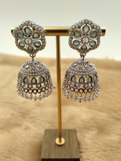 Floral Oxidised Stone Jhumka Earrings with Pearl Drops