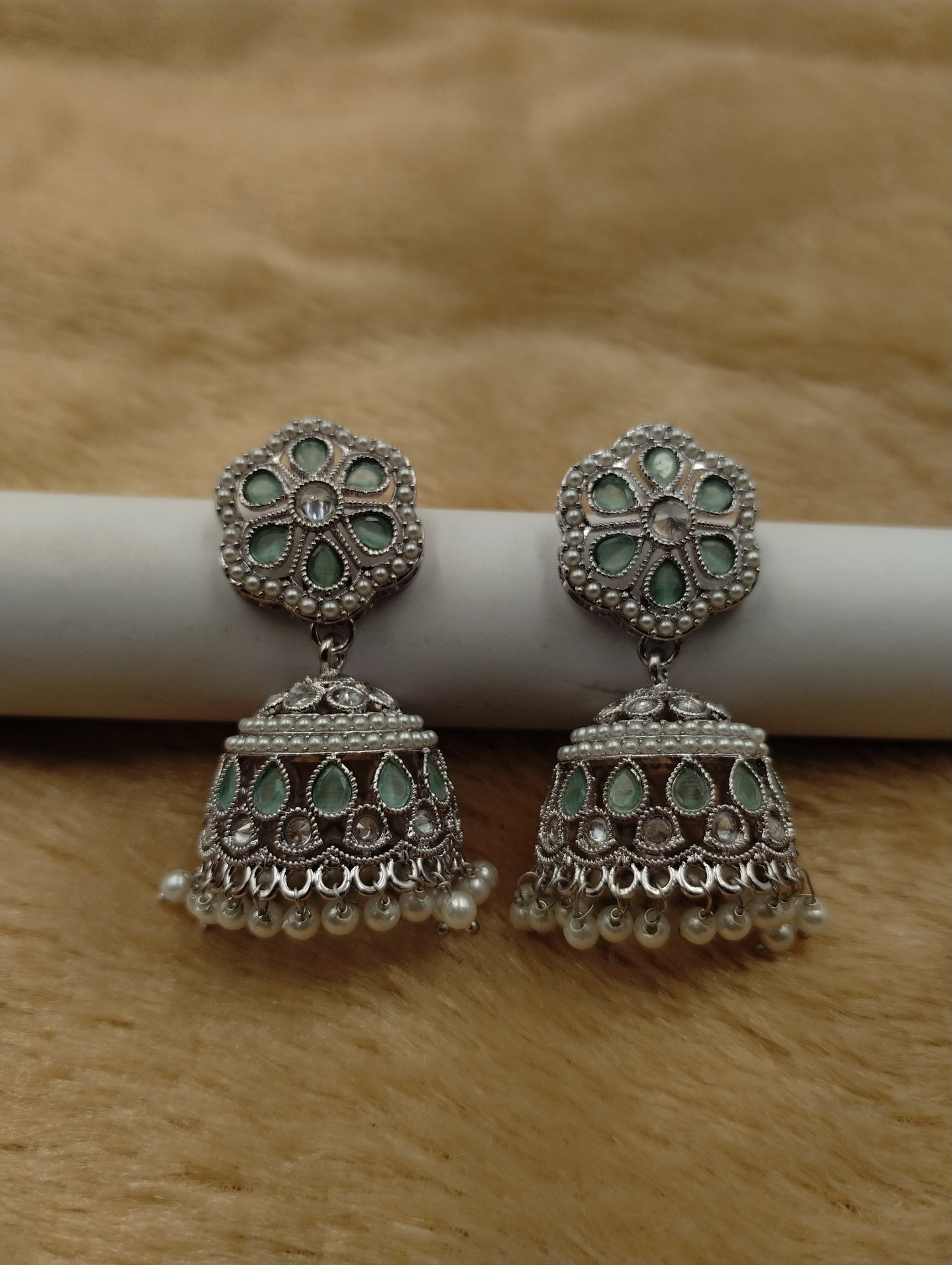 Floral Oxidised Stone Jhumka Earrings with Pearl Drops