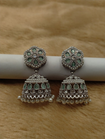 Floral Oxidised Stone Jhumka Earrings with Pearl Drops