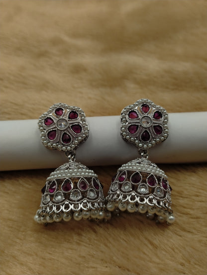 Floral Oxidised Stone Jhumka Earrings with Pearl Drops
