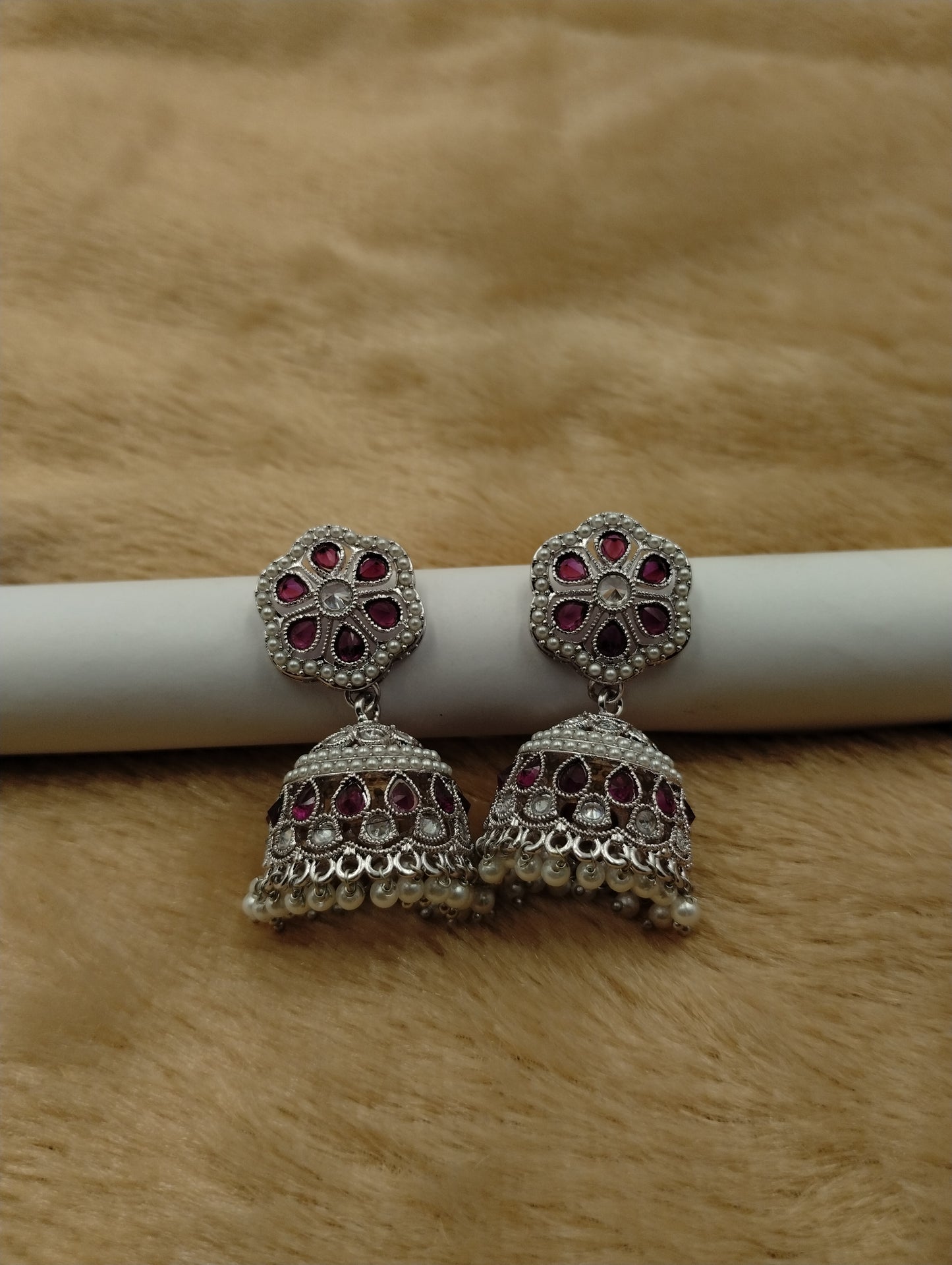 Floral Oxidised Stone Jhumka Earrings with Pearl Drops