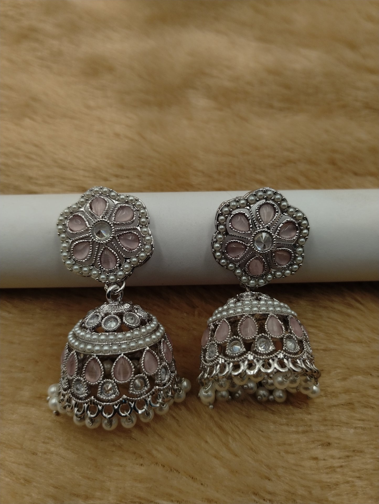 Floral Oxidised Stone Jhumka Earrings with Pearl Drops