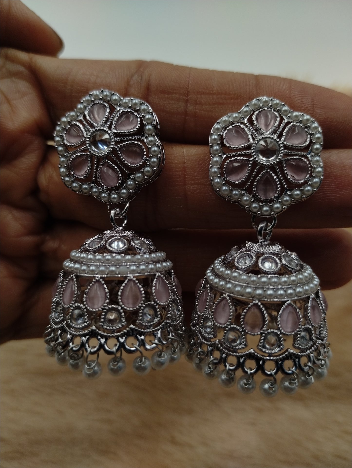 Floral Oxidised Stone Jhumka Earrings with Pearl Drops