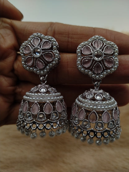 Floral Oxidised Stone Jhumka Earrings with Pearl Drops
