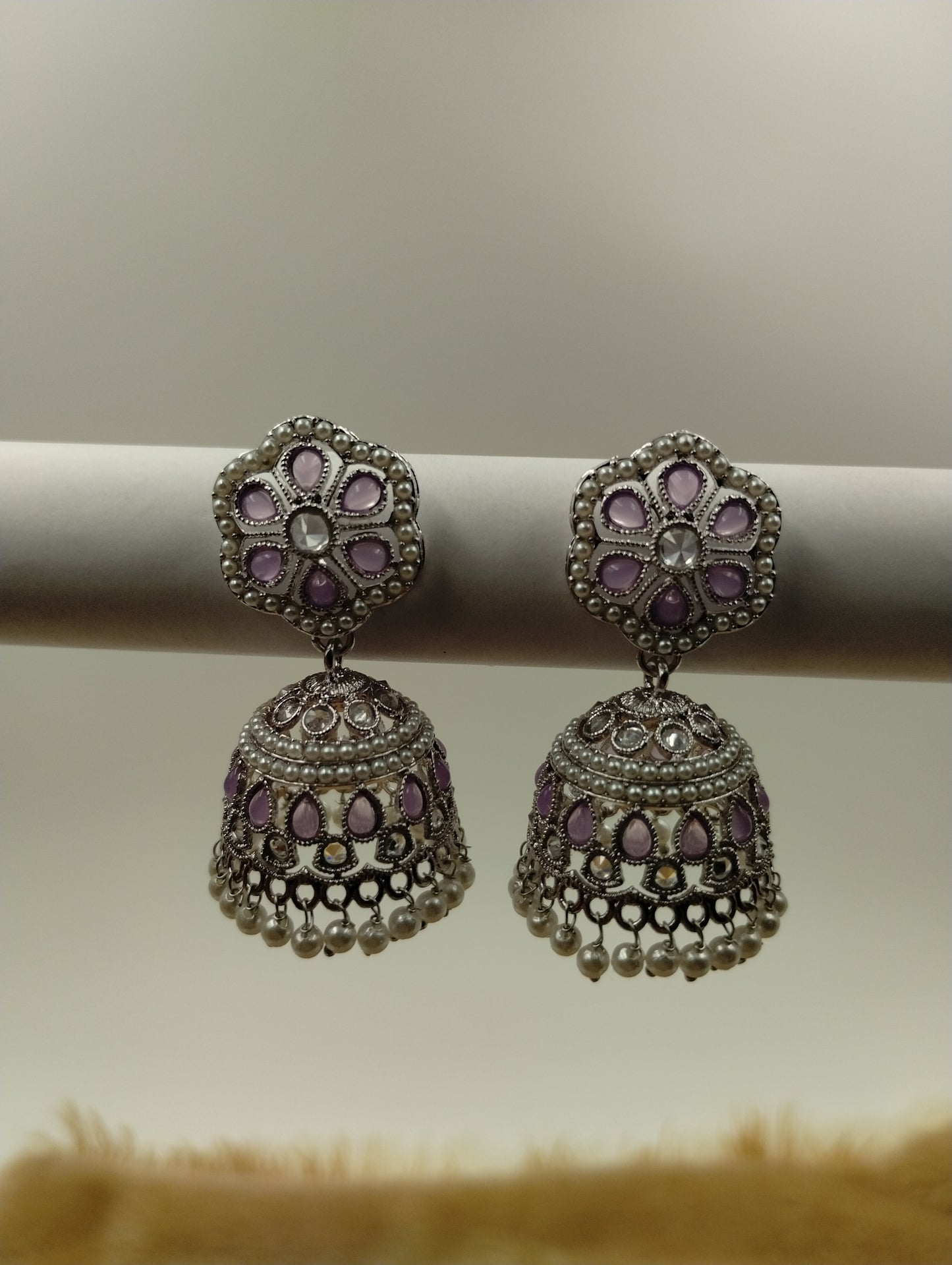 Floral Oxidised Stone Jhumka Earrings with Pearl Drops