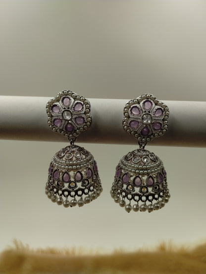 Floral Oxidised Stone Jhumka Earrings with Pearl Drops