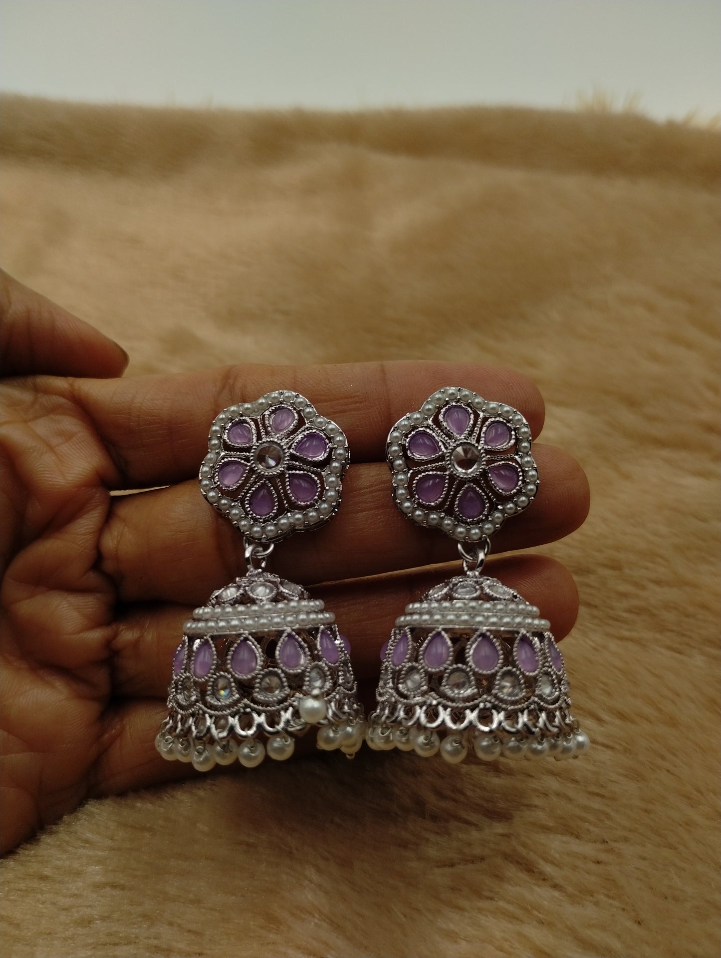 Floral Oxidised Stone Jhumka Earrings with Pearl Drops