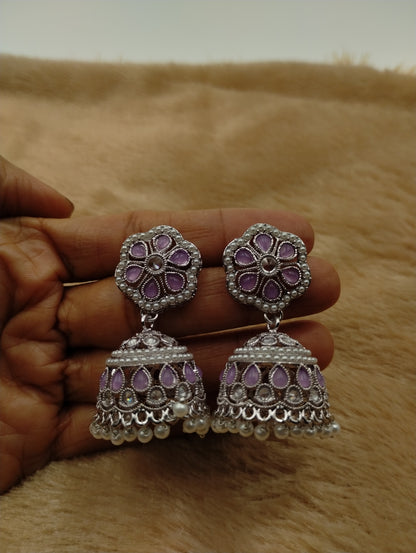 Floral Oxidised Stone Jhumka Earrings with Pearl Drops