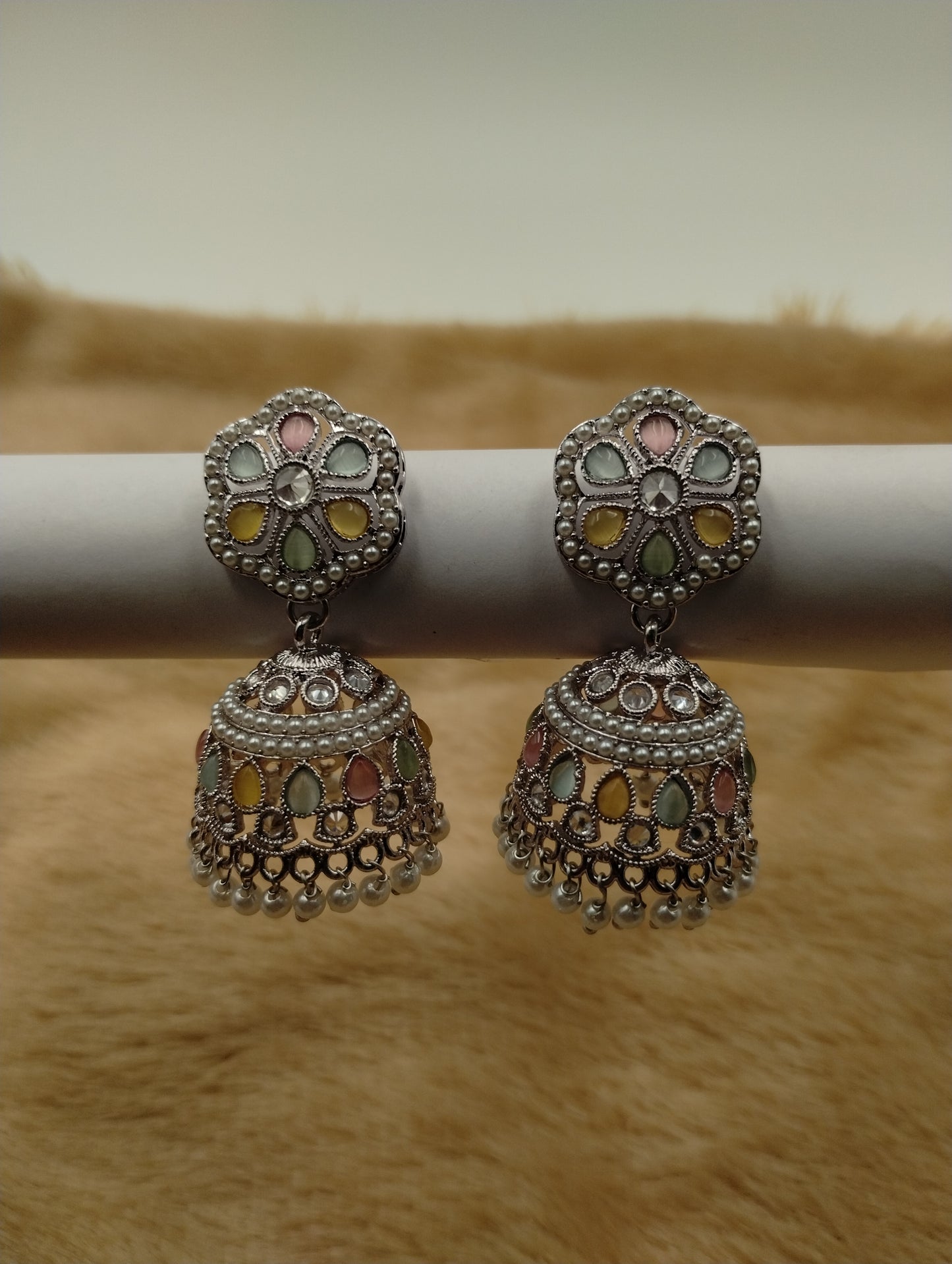 Floral Oxidised Stone Jhumka Earrings with Pearl Drops