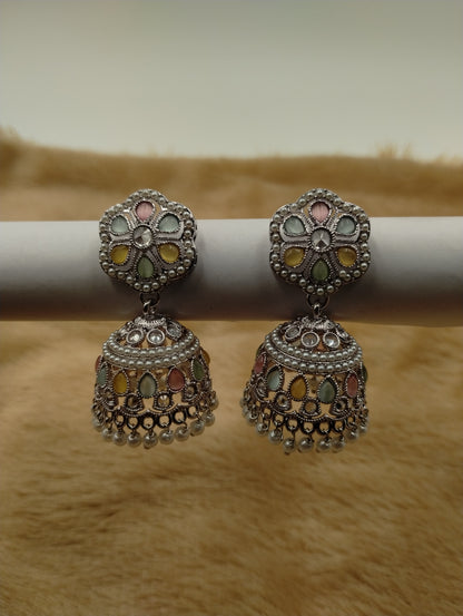 Floral Oxidised Stone Jhumka Earrings with Pearl Drops