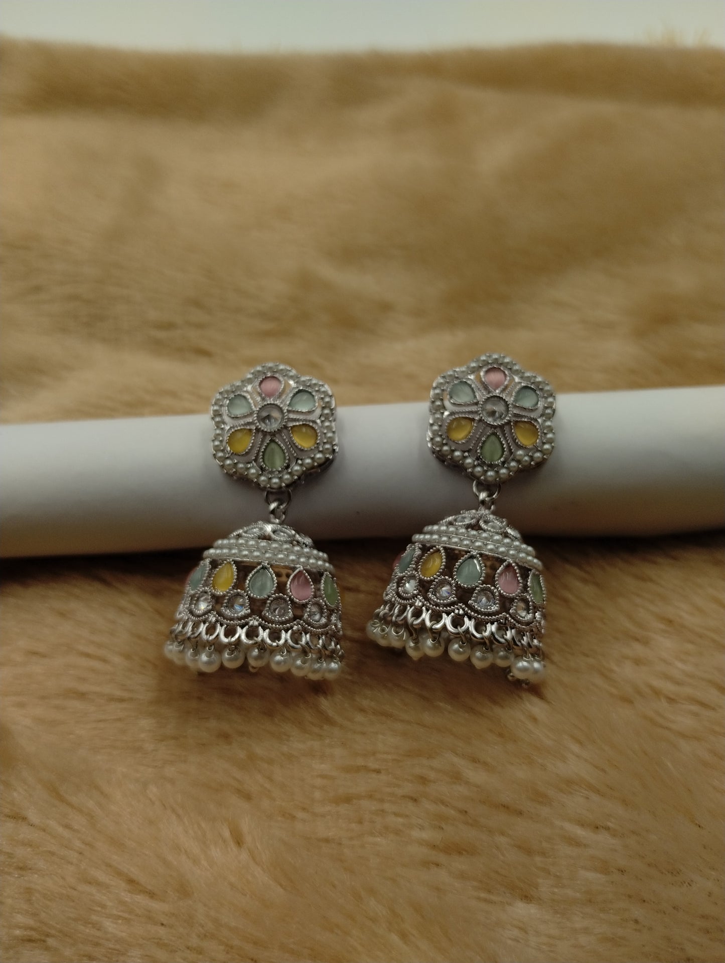 Floral Oxidised Stone Jhumka Earrings with Pearl Drops