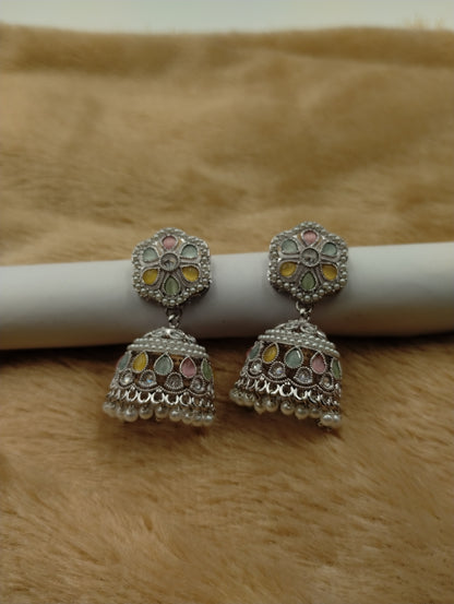 Floral Oxidised Stone Jhumka Earrings with Pearl Drops