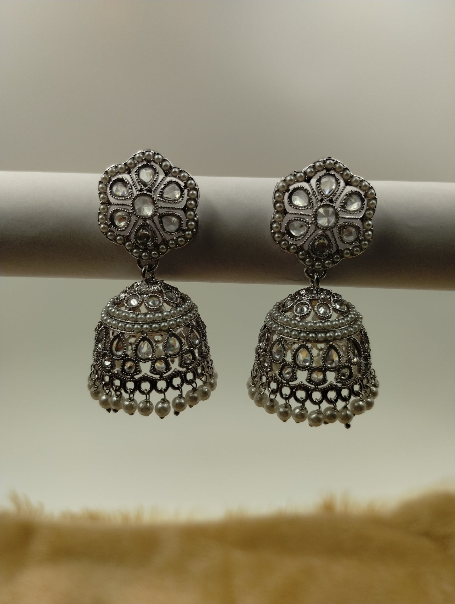 Floral Oxidised Stone Jhumka Earrings with Pearl Drops