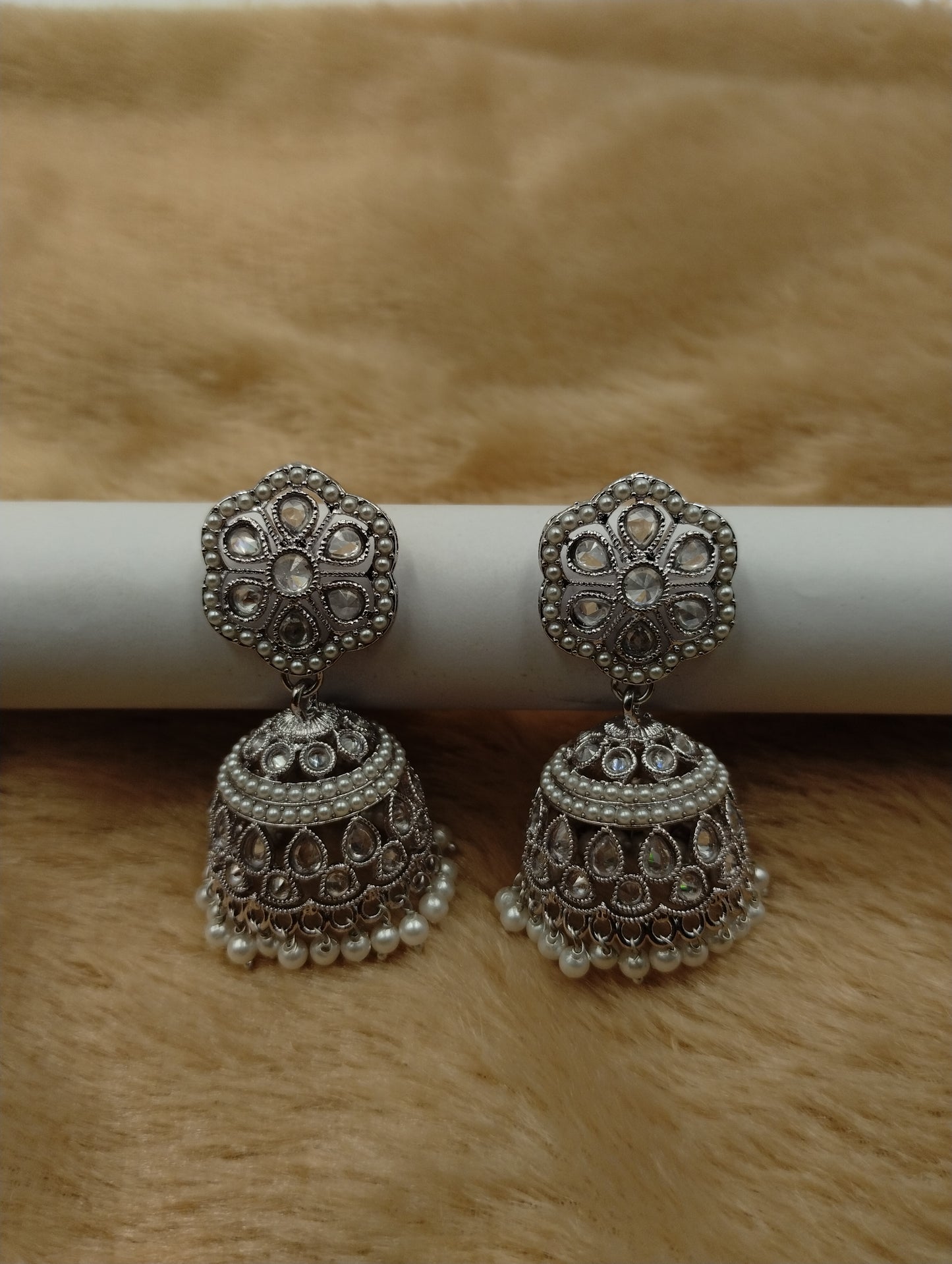 Floral Oxidised Stone Jhumka Earrings with Pearl Drops