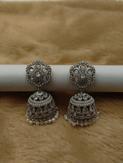 Floral Oxidised Stone Jhumka Earrings with Pearl Drops