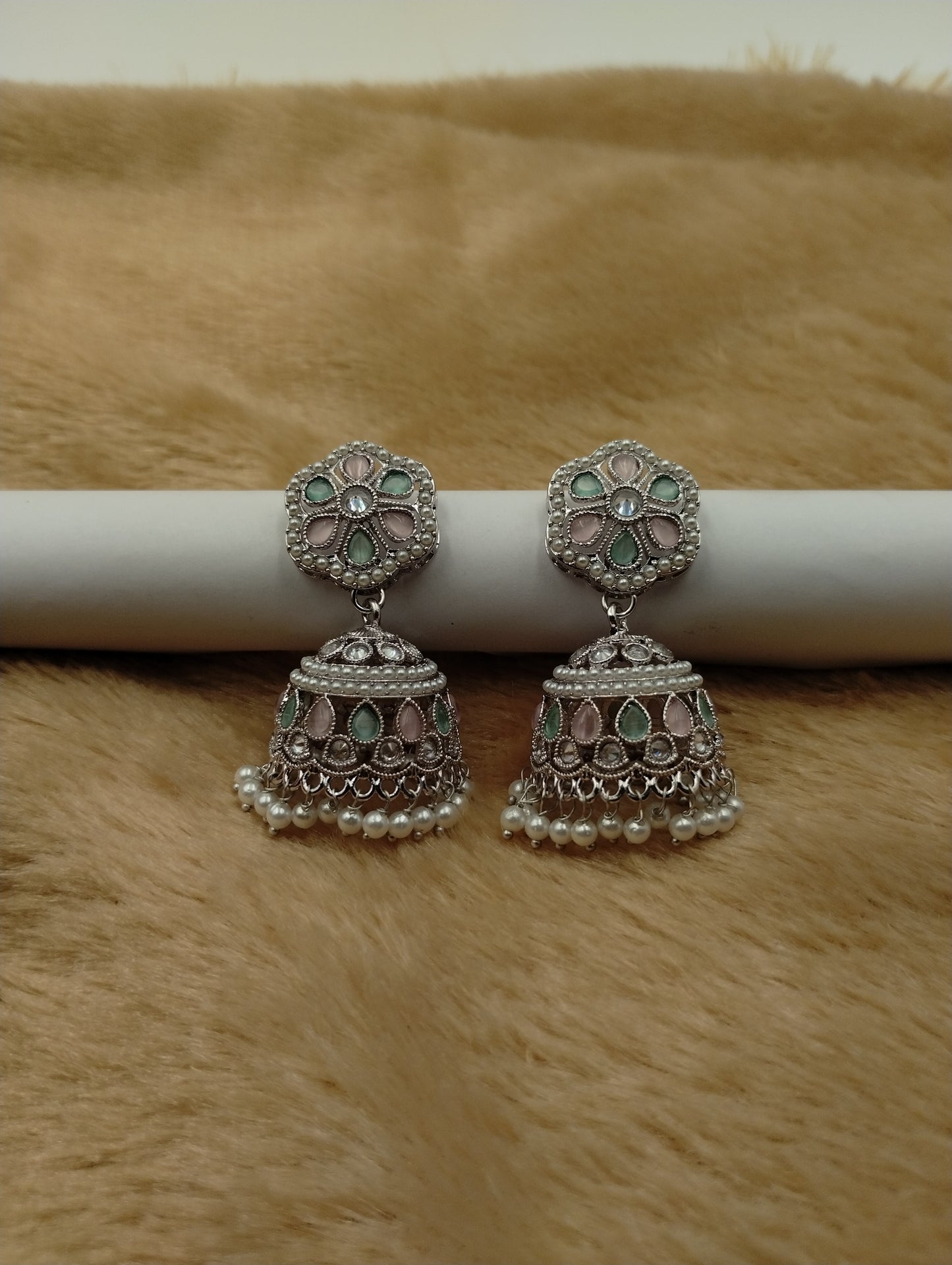 Floral Oxidised Stone Jhumka Earrings with Pearl Drops