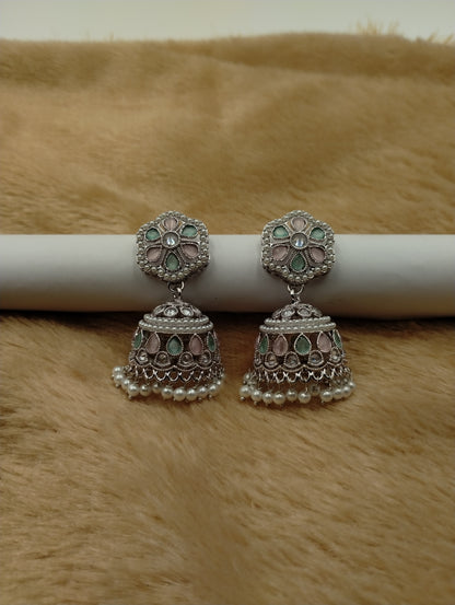 Floral Oxidised Stone Jhumka Earrings with Pearl Drops