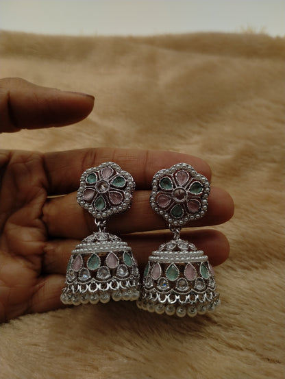 Floral Oxidised Stone Jhumka Earrings with Pearl Drops