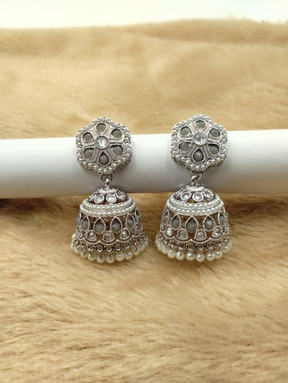 Floral Oxidised Stone Jhumka Earrings with Pearl Drops