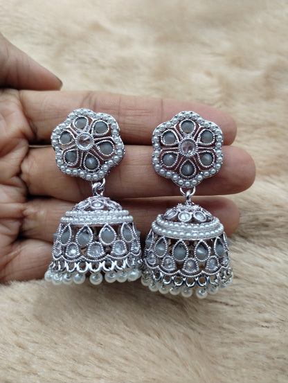 Floral Oxidised Stone Jhumka Earrings with Pearl Drops