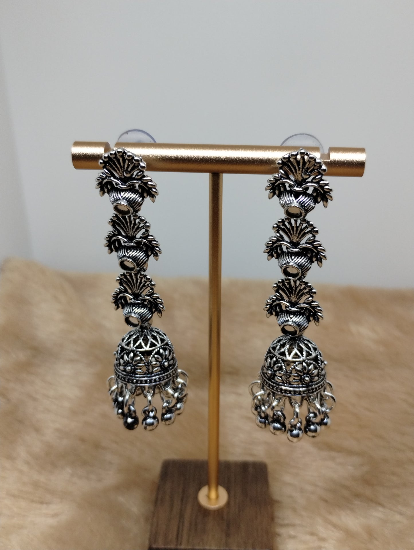 Oxidised Silver Jhumka with Triple Motif Design