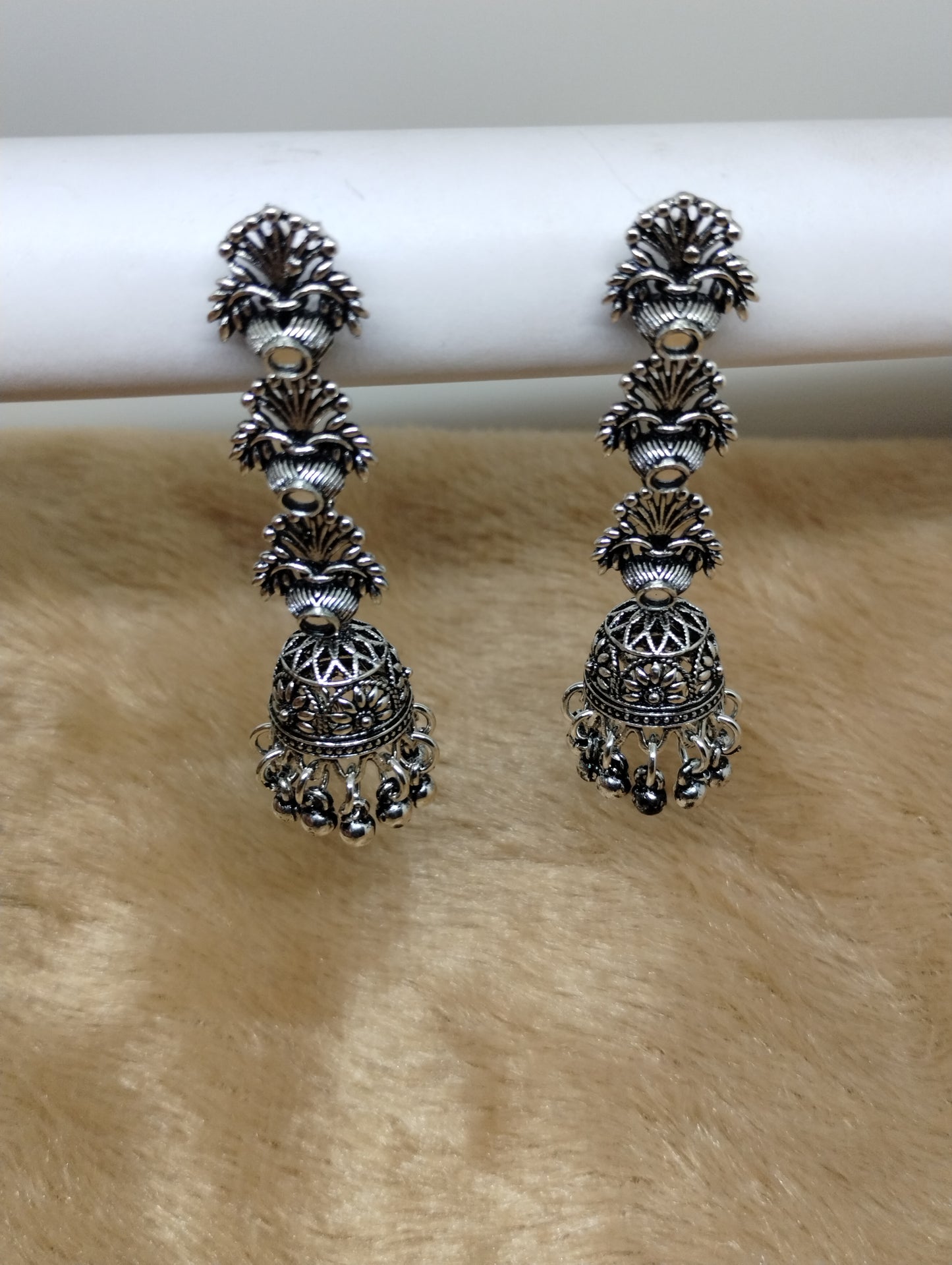 Oxidised Silver Jhumka with Triple Motif Design