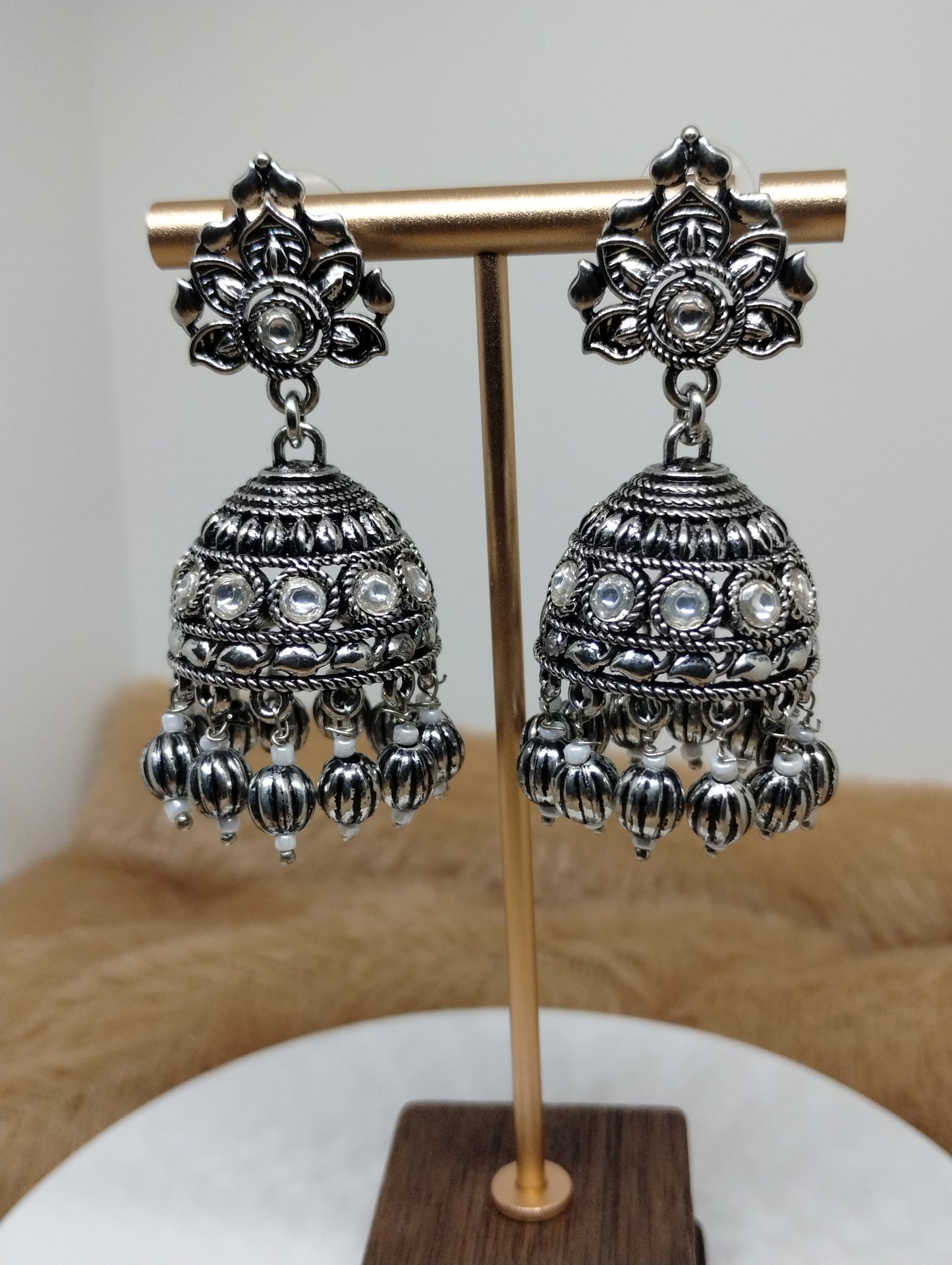 Oxidised Dome Jhumka Earrings with Black Crystal Beads