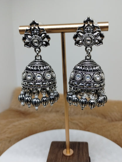 Oxidised Dome Jhumka Earrings with Black Crystal Beads