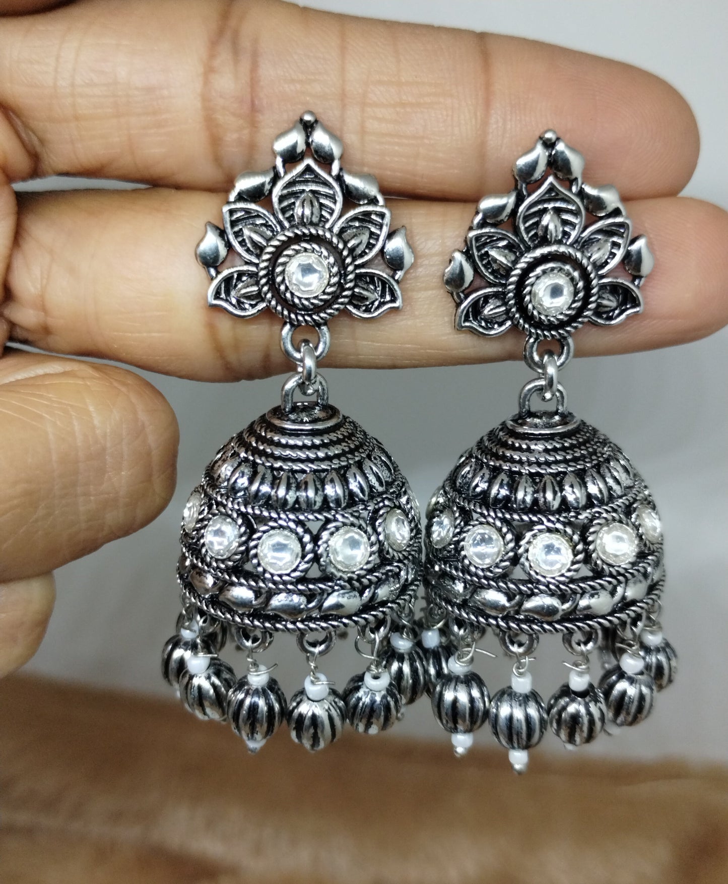 Oxidised Dome Jhumka Earrings with Black Crystal Beads