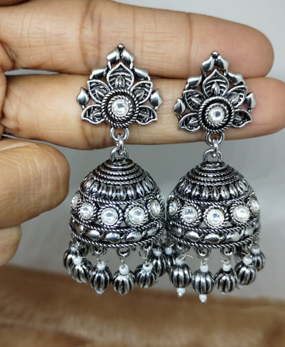 Oxidised Dome Jhumka Earrings with Black Crystal Beads