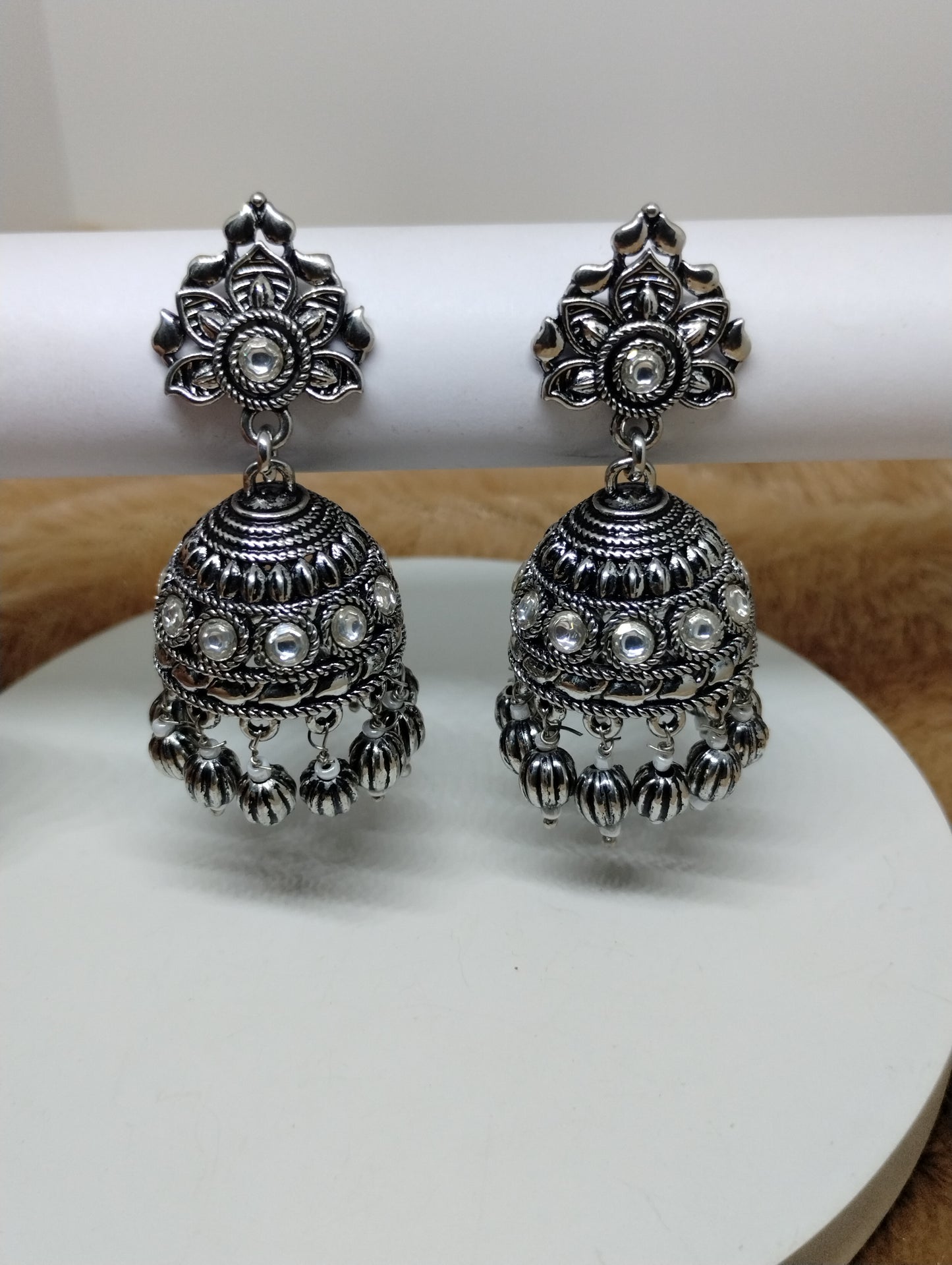 Oxidised Dome Jhumka Earrings with Black Crystal Beads