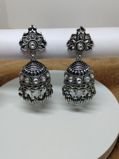Oxidised Dome Jhumka Earrings with Black Crystal Beads