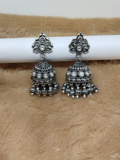 Oxidised Dome Jhumka Earrings with Black Crystal Beads