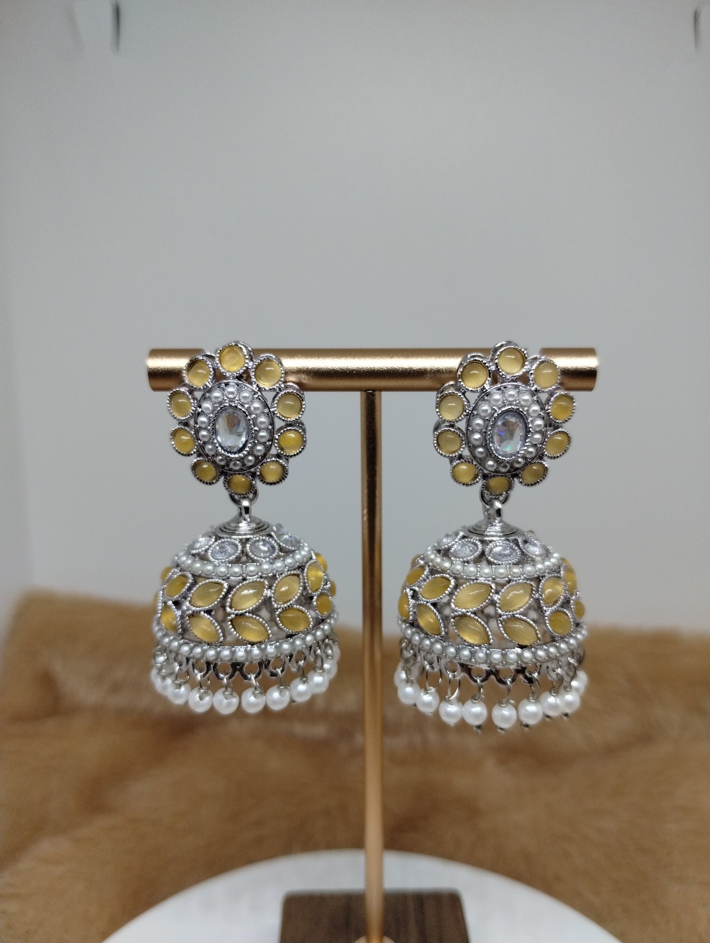 Floral Oxidised Stone Jhumka Earrings with Pearl Drops
