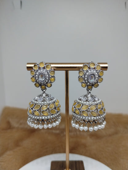Floral Oxidised Stone Jhumka Earrings with Pearl Drops