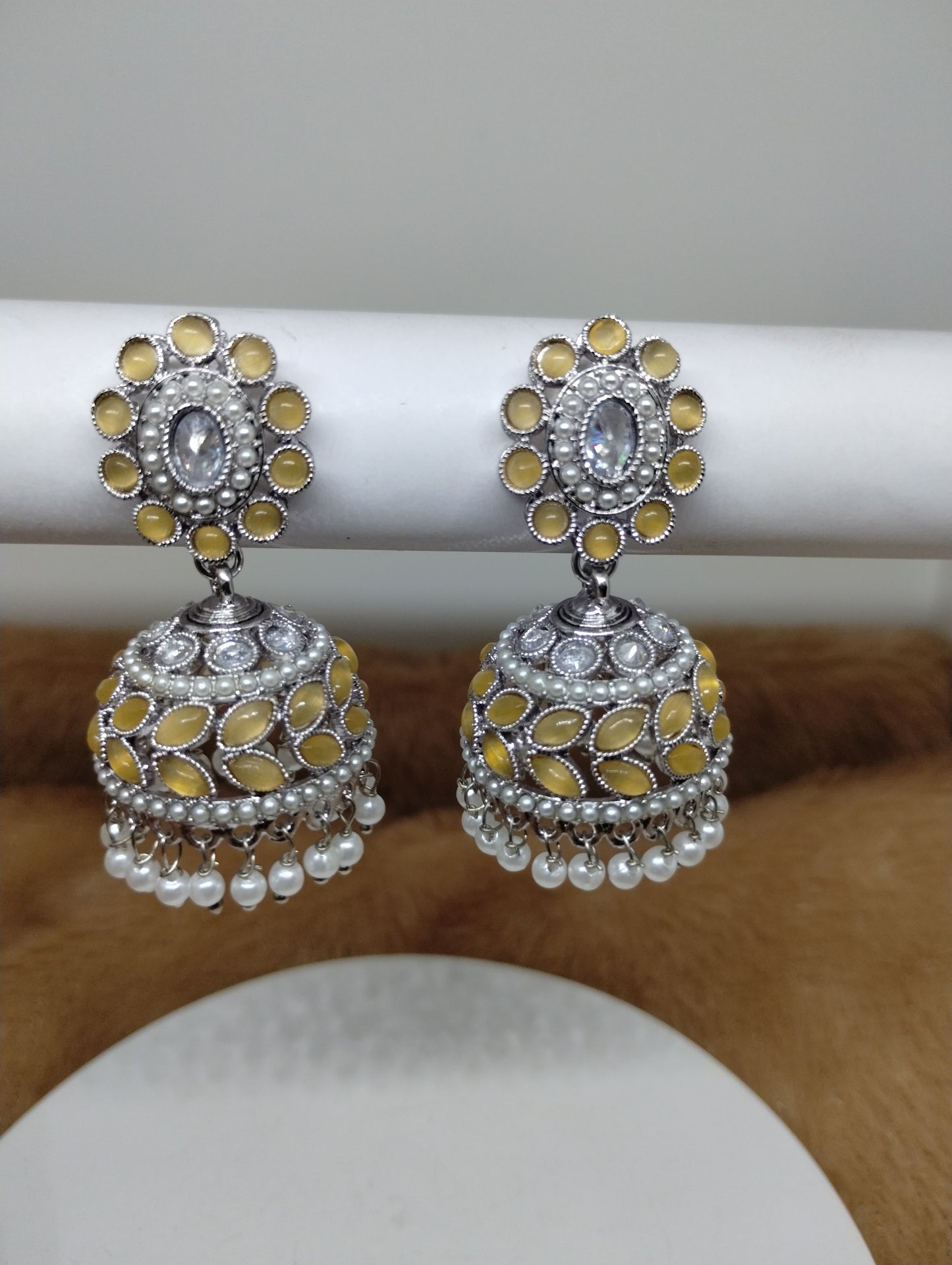 Floral Oxidised Stone Jhumka Earrings with Pearl Drops